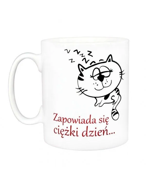 Kubek biały - Kubek Śpiący Kotek Zapowiada Się Ciężki Dzień