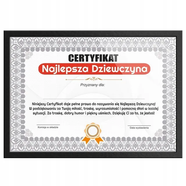 Certyfikat - Najlepsza Dziewczyna - ramka czarna
